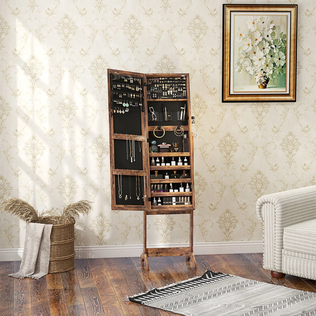Specchio Cassettiera con Luci LED Inclinabile ¨C Zephmum ¨C Marrone 60x40x138 cm