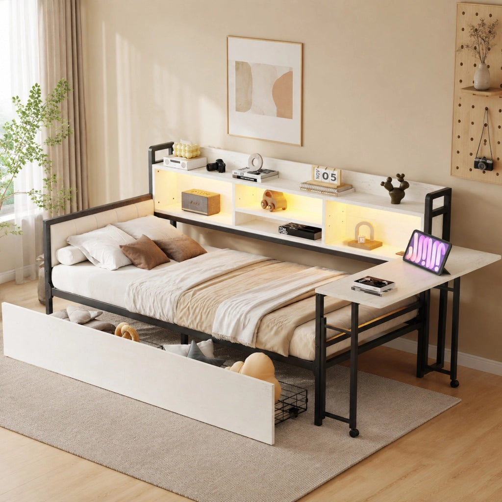 Letto multifunzione 90 x 200 cm in metallo, con LED, cassetti, scrivania estraibile e vano contenitore, bianco