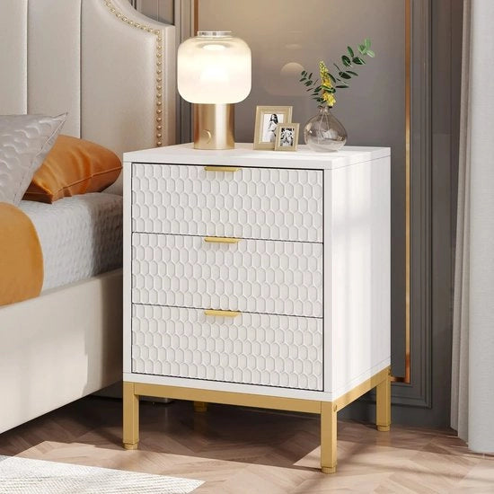 Cassettiere Notturna - Tavolo Accessori - Spazio di Deposito - Design Moderno - 3 ante - Oro - Bianco - 50 x 65,5 x 40 cm