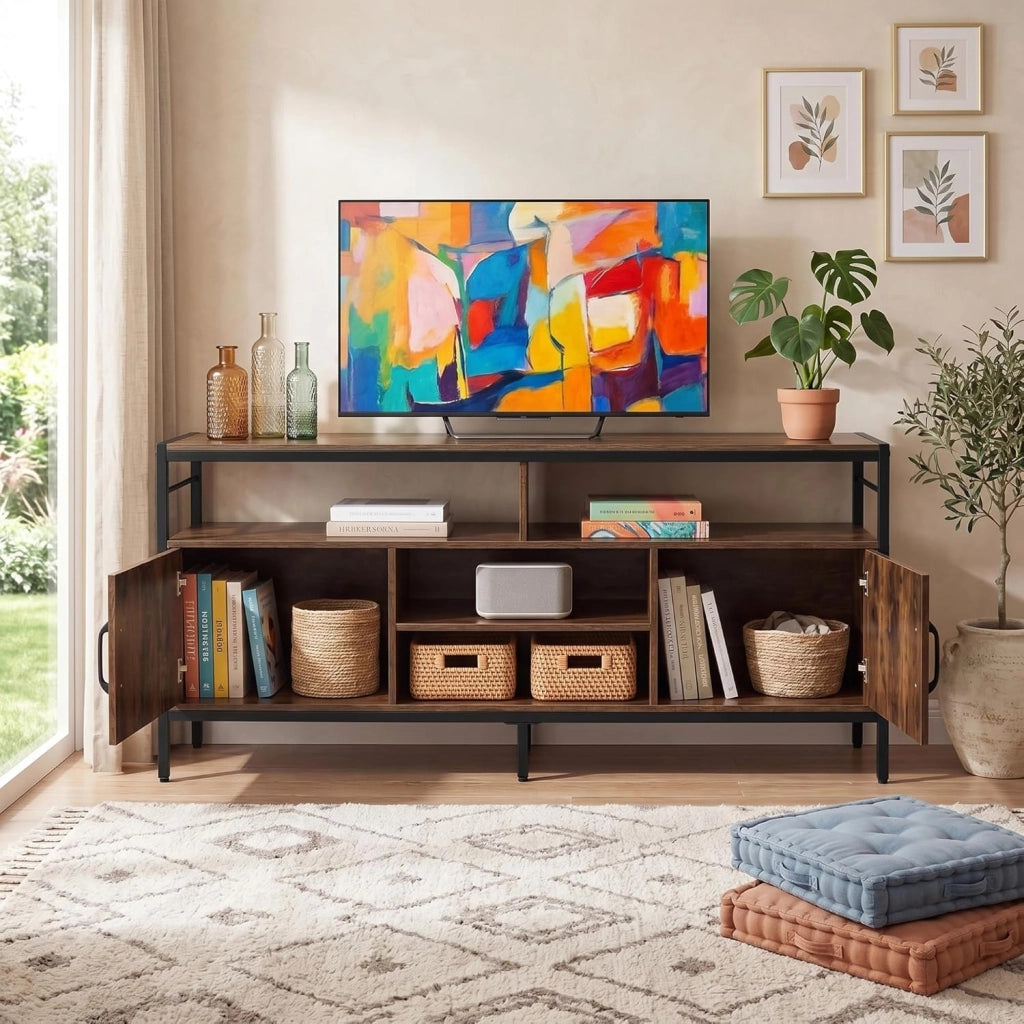 Mobile TV per Soggiorno, Mobile TV con 4 Ripiani Aperti e 2 Armadietti Chiusi, per Televisori fino a 65 Pollici, Stile Industriale con Struttura in Metallo per Camera da Letto (Marrone)