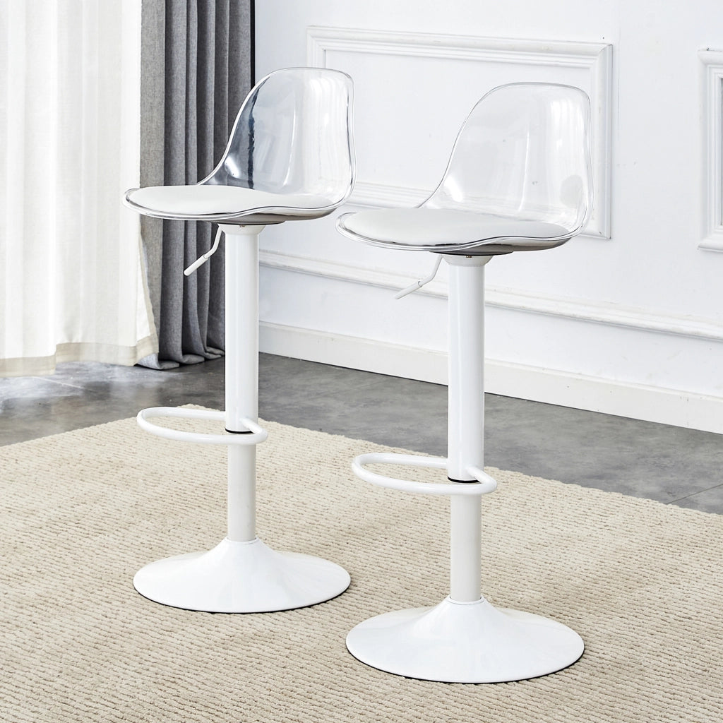 Sedia da Bar Regolabile con Schienale Trasparente ¨C MINIMAL ¨C Bianco, Metallo, 82-104 cm, 360¡ã, Set 2 Pezzi
