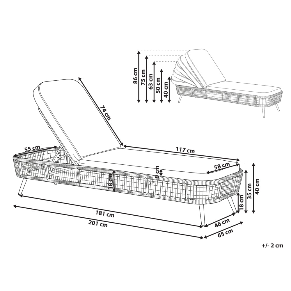 Sdraio da giardino beige in rattan PE alluminio e tessuto in poliestere schienale reclinabile regolabile