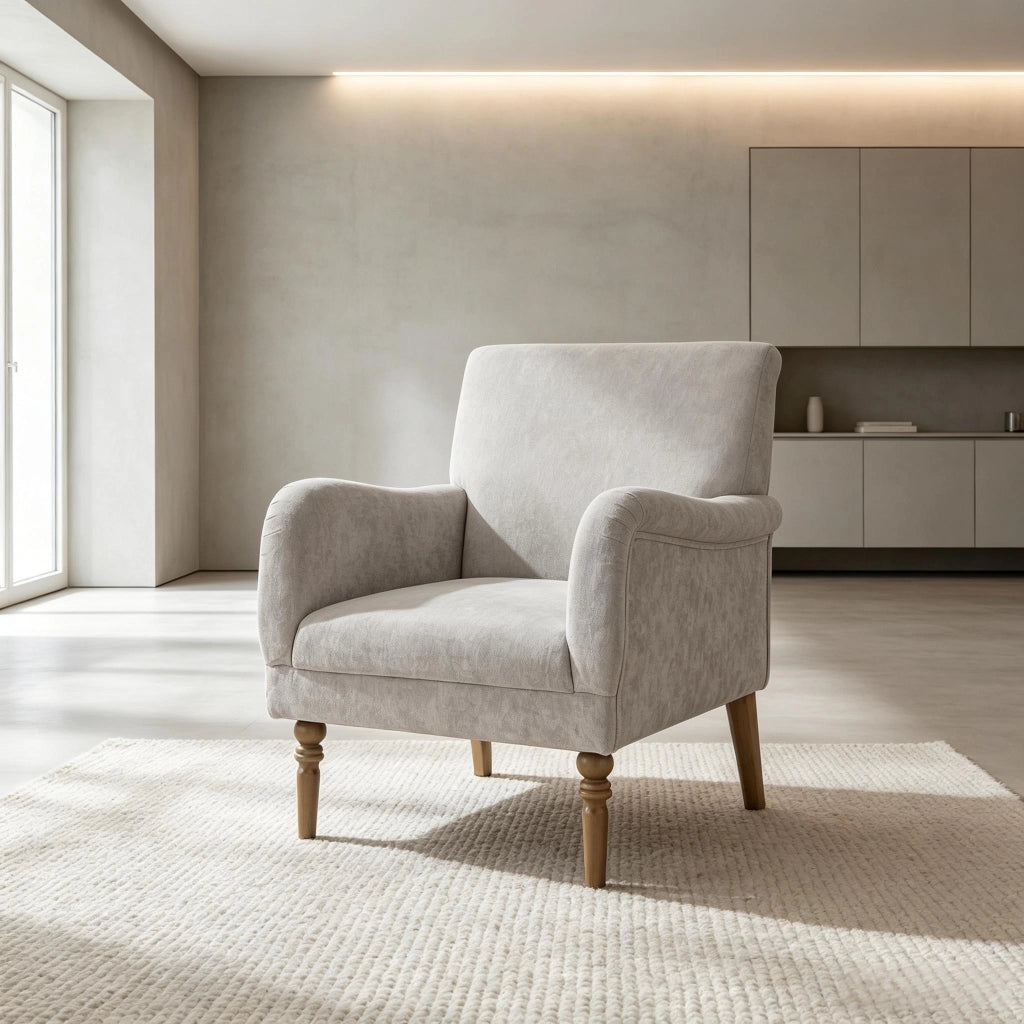Poltrona relax 1 posto in lino grigio con schienale alto, seduta ampia e struttura in legno