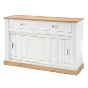 Mobile Madia Credenza Soggiorno Con 2 Cassetti E 2 Ante Scorrevoli 4 Ripiani Interni Design Minimal Shabby Chic Zona Living Sala Da Pranzo 150 x 50 x 95.5 Cm Bianco E Rovere