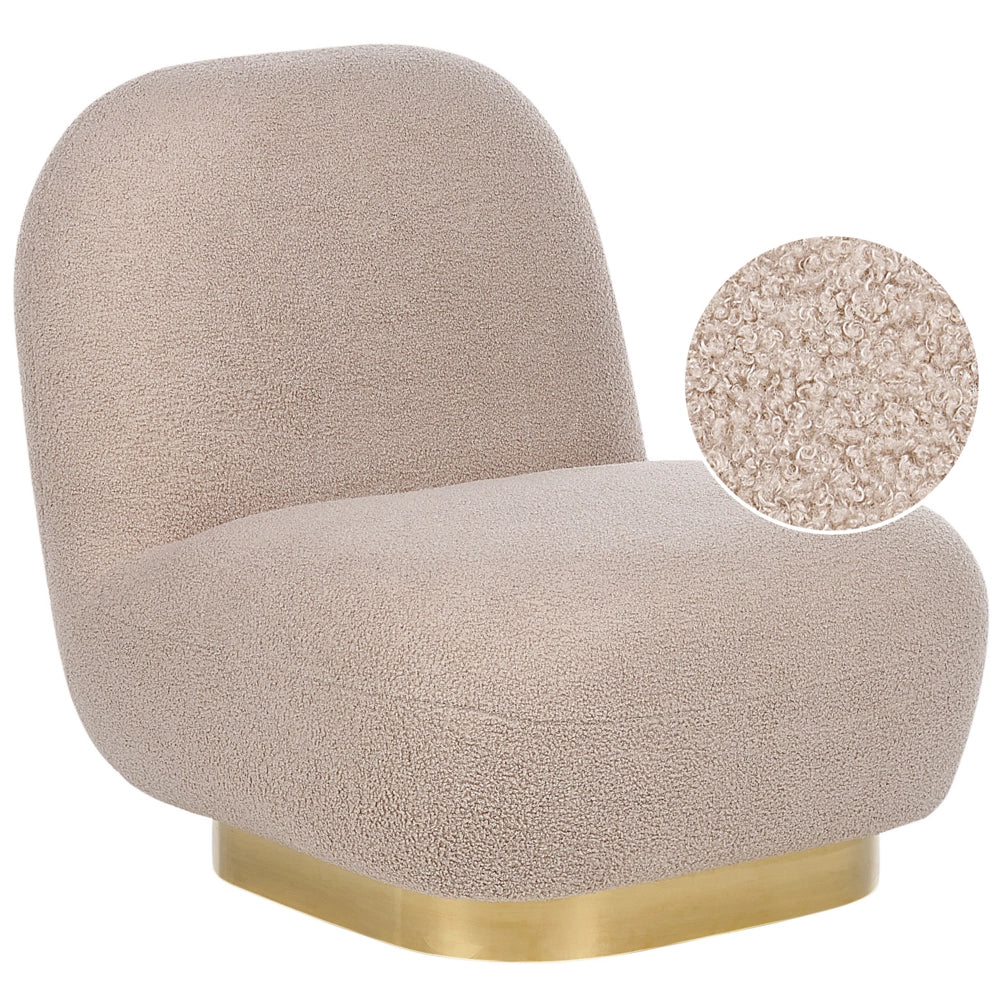 Poltrona beige in tessuto bouclé con base color oro stile contemporaneo moderno soggiorno camera da letto