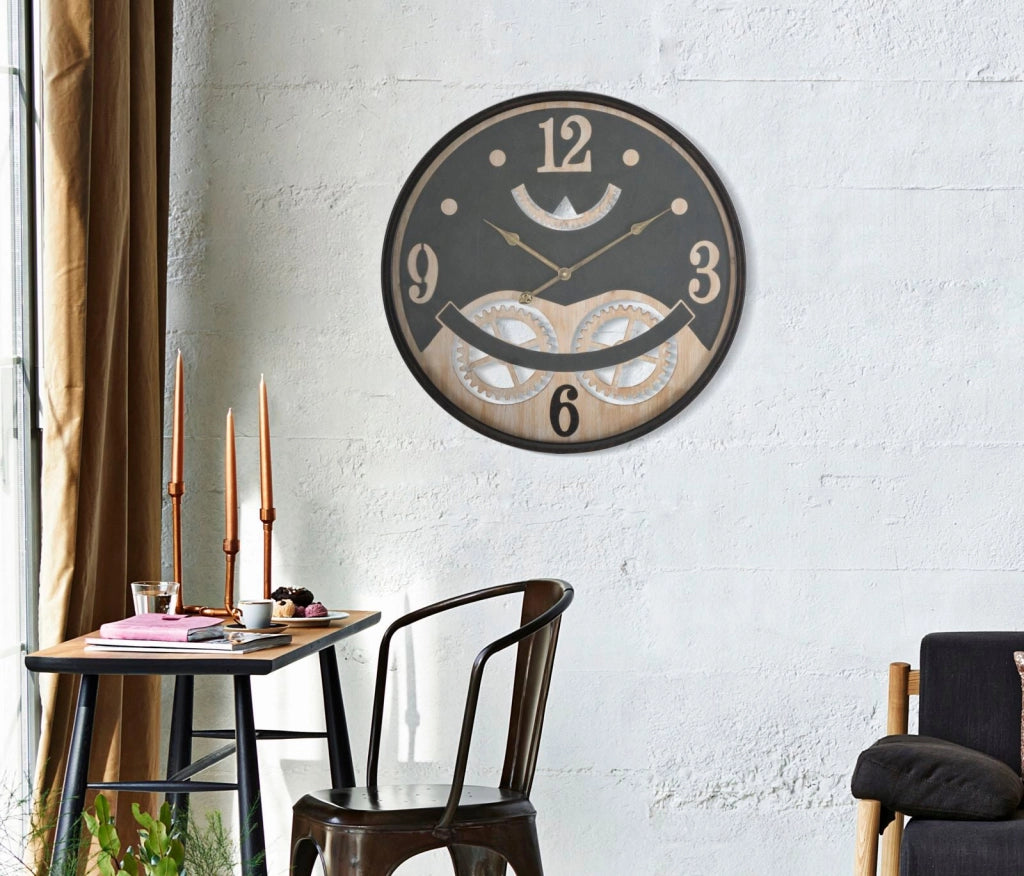 Orologio xxx Ø67x6,5 cm in Ferro MDF e Vetro Nero e Marrone