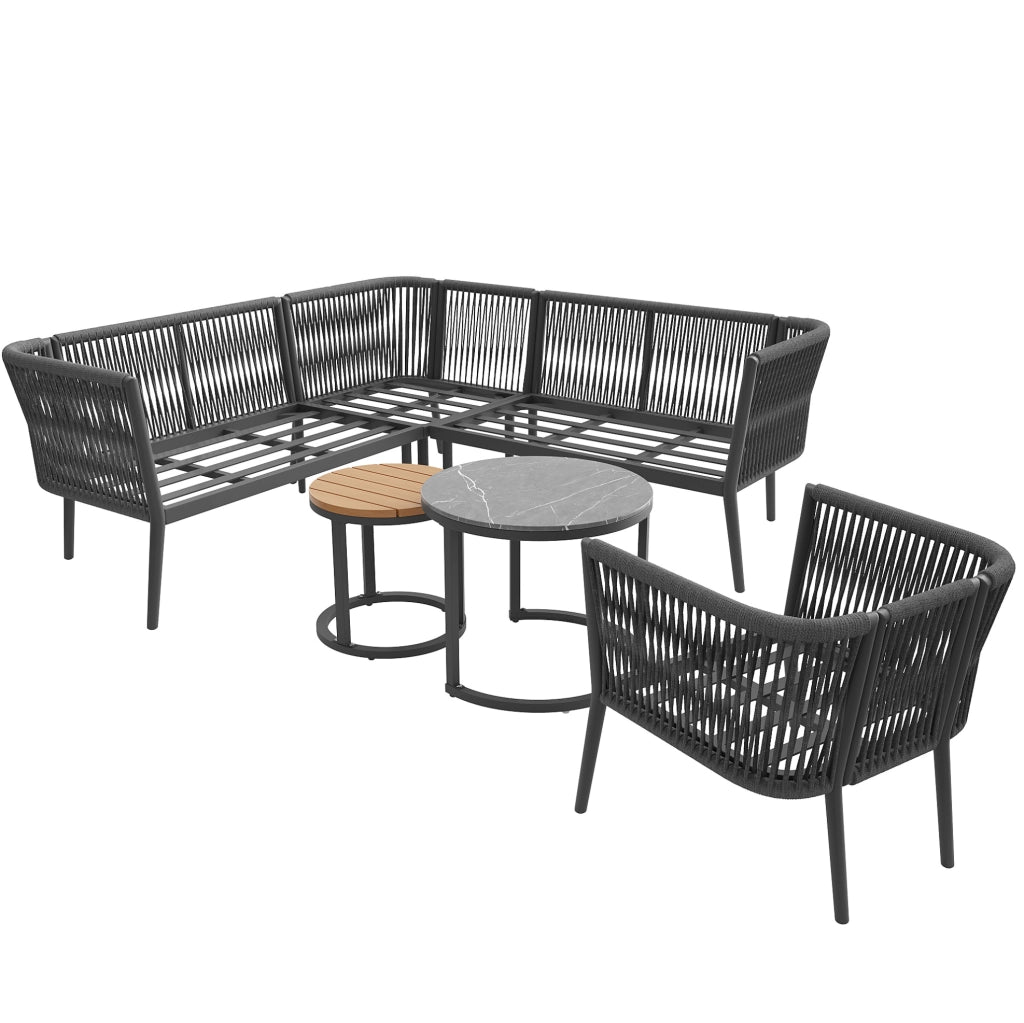 Set lounge da giardino modulare con 2 tavoli; cuscini da 8 cm; metallo e olefin; grigio