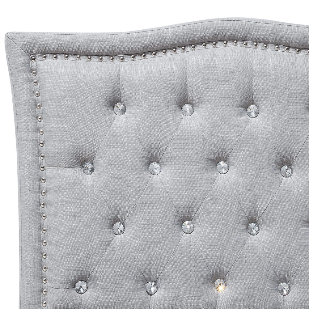 Letto 180 x 200 cm Tessuto grigio Cornice imbottita Bottoni in cristallo Poggiatesta con cornice imbottita
