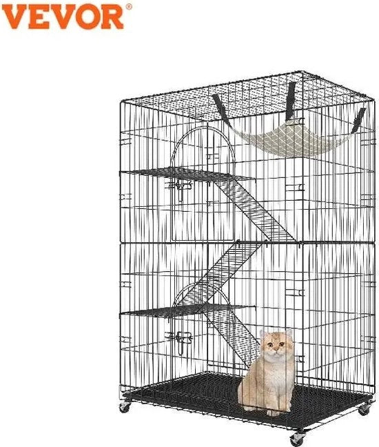 Casa per Gatti - 4 Livelli - 2 Porte - 3 Scale - 90x60x133cm - Nero - Ideale per Roditori - Sostenibile fino a 14kg - Ripiegabile
