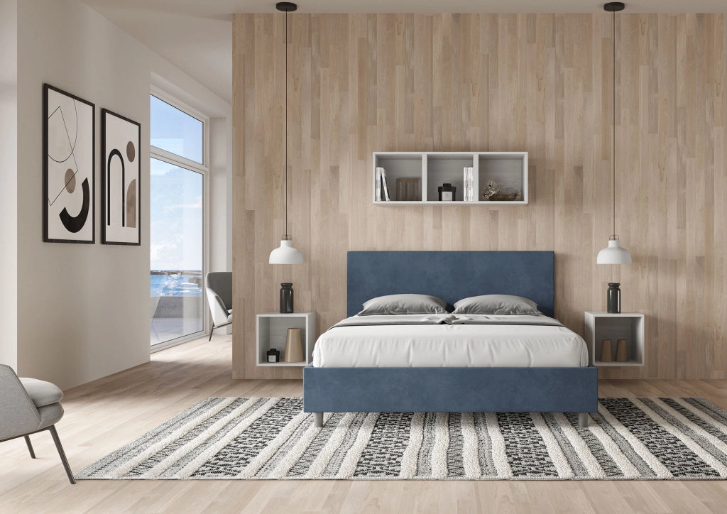BS COM Letto queen size contenitore imbottito 150x190 microfibra blu