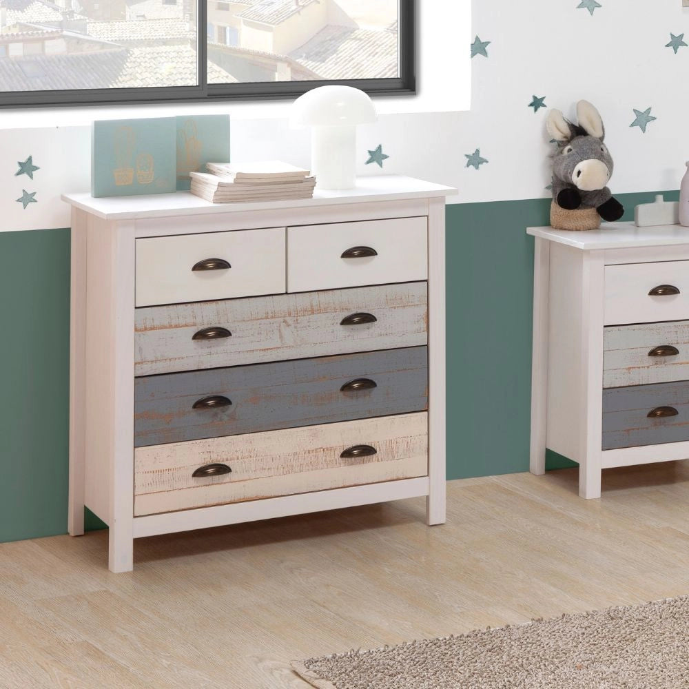 Comò in legno massiccio bianco grigio e crema Romantica 79x40x80H – Eleganza Naturale con 5 cassetti