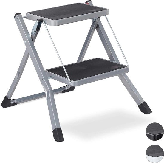 Trappola di accesso 2 gradini pieghevole, economizza spazio, con superficie antiscivolo, in acciaio, Dimensioni: 5x50x50 cm, colore grigio