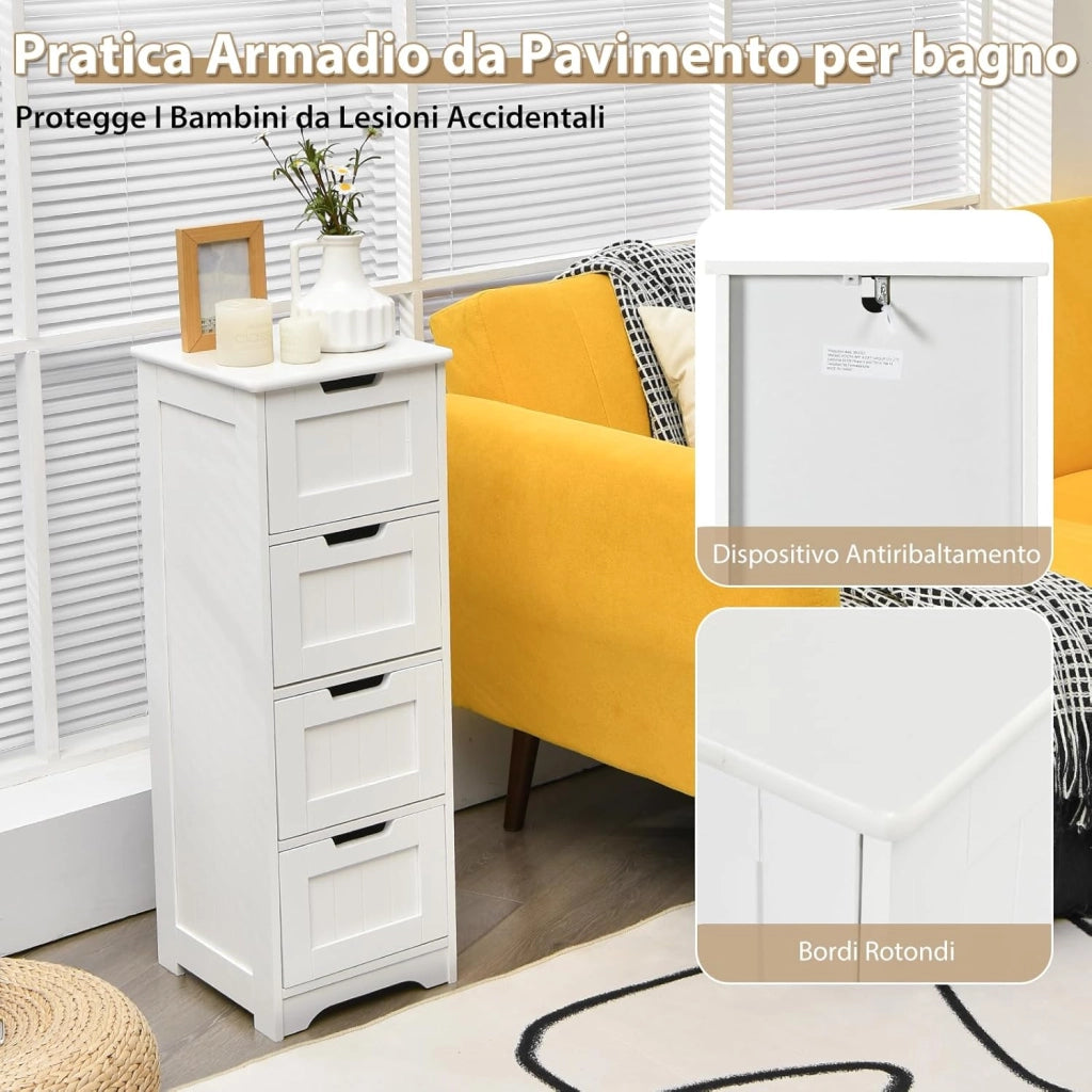 Mobile da Bagno con 4 Cassetti, Mobile Autoportante da Terra per Bagno, Mobiletto Multiuso da Soggiorno Cucina Camera da Letto Ufficio, Stile Moderno, Bianco, 30 x 30 x 83 cm