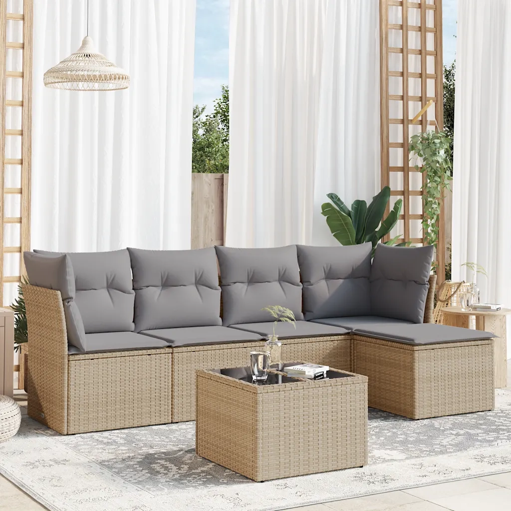Set Divano da Giardino 6 pz con Cuscini-Sofa da Giardino-Divanetto da esterno Beige in Polyrattan 747285