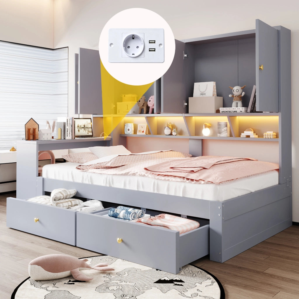 Letto per bambini 90x200 cm con scrivania; LED e prese; 2 cassetti e vani contenitore; MDF grigio