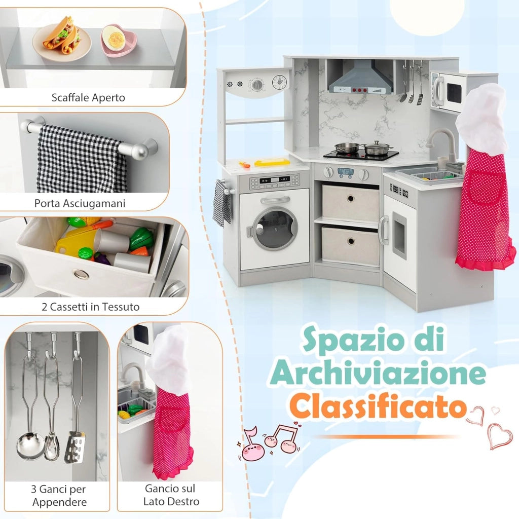 Set di Cucina Giocattolo per Bambini, con Luci e Suoni, Cappa Aspirante illuminata, Fornelli, Forno a Microonde, Distributore d'acqua e Lavatrice, Ideale per Bambini 3 Anni+ (Grigio)