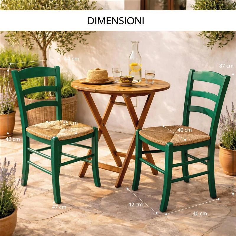 SET 2 SEDIE PAESANA IN LEGNO CON SEDUTA IN PAGLIA E SCHIENALE ALTO 42X40X87H CM COLORE VERDE
