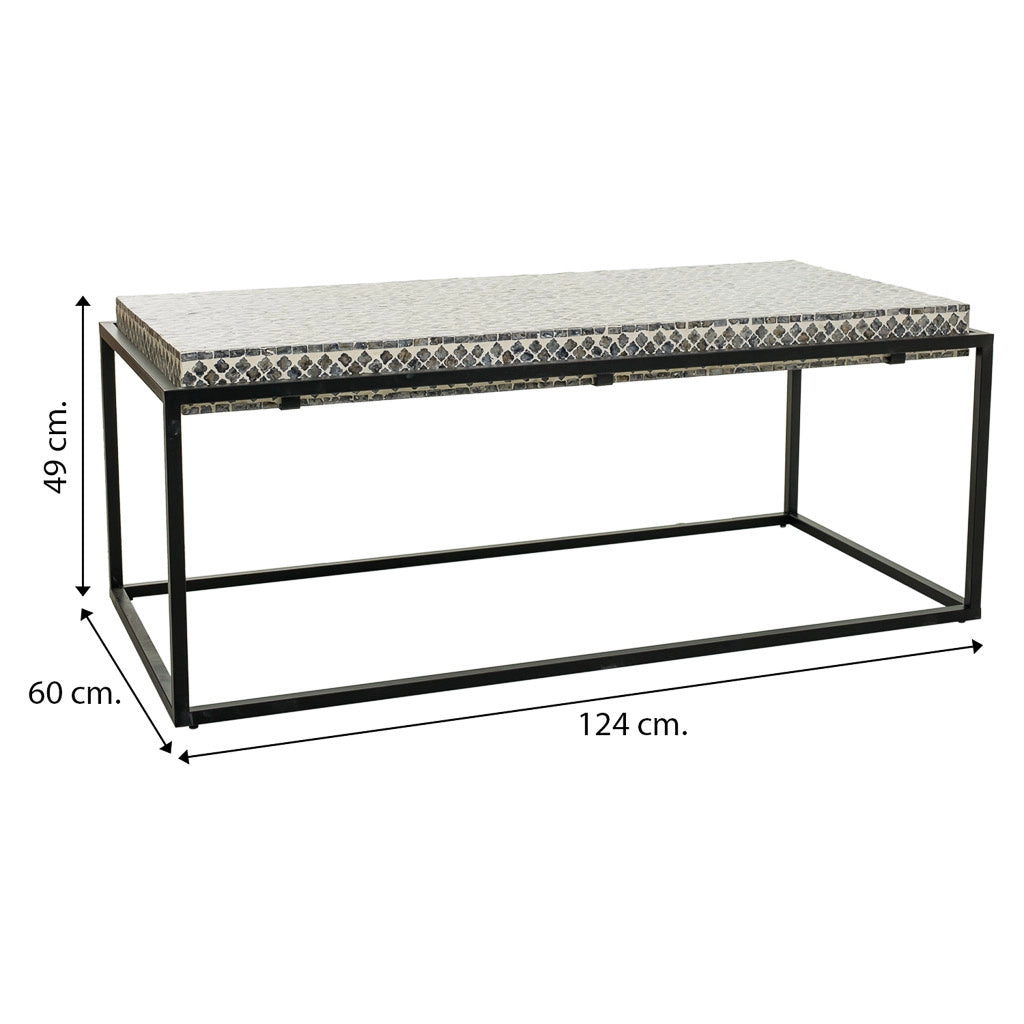 Tavolino rettangolare in legno rifinito in capiz grigio 124x60x49h