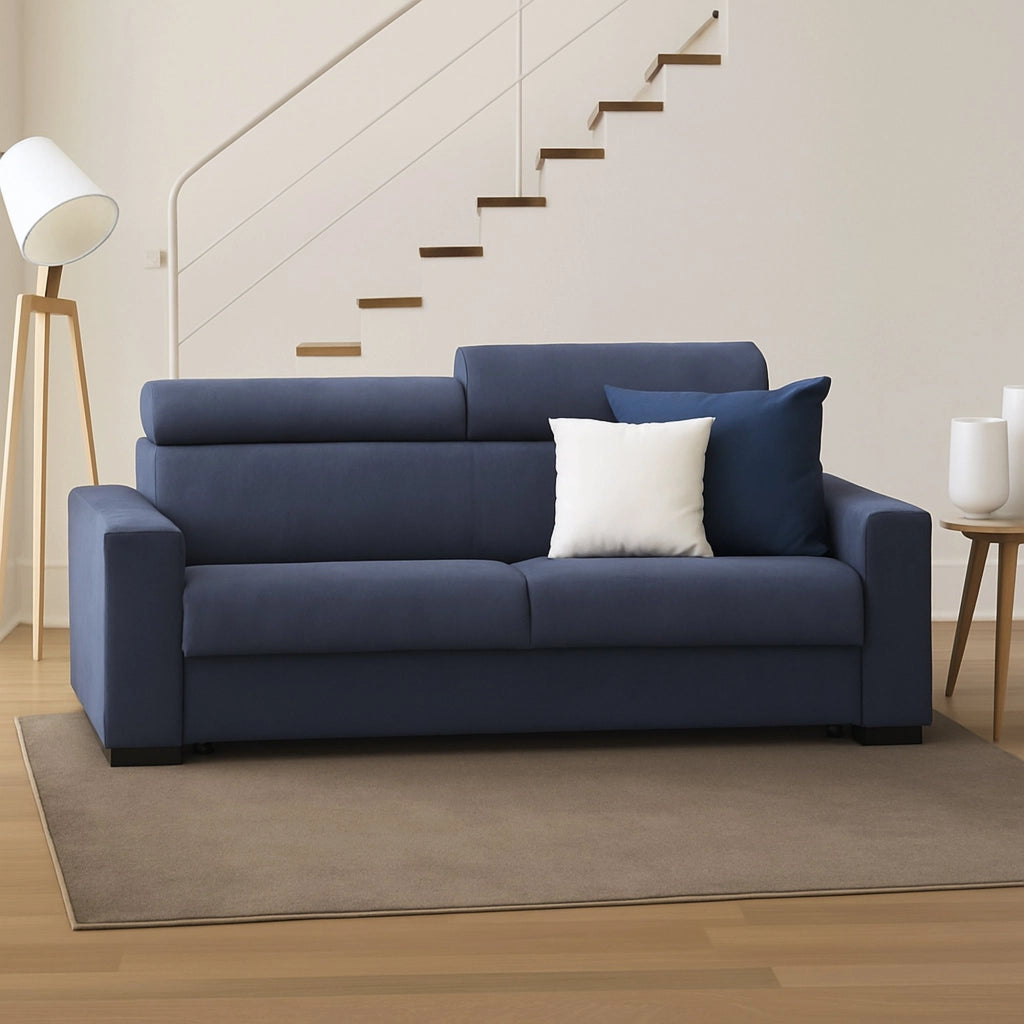Divano Letto Algo, Divano a 3 posti, Made in Italy, SofÒ  Soggiorno con apertura girevole, con poggiatesta regolabili e Braccioli slim, cm 200x95h85, Blu
