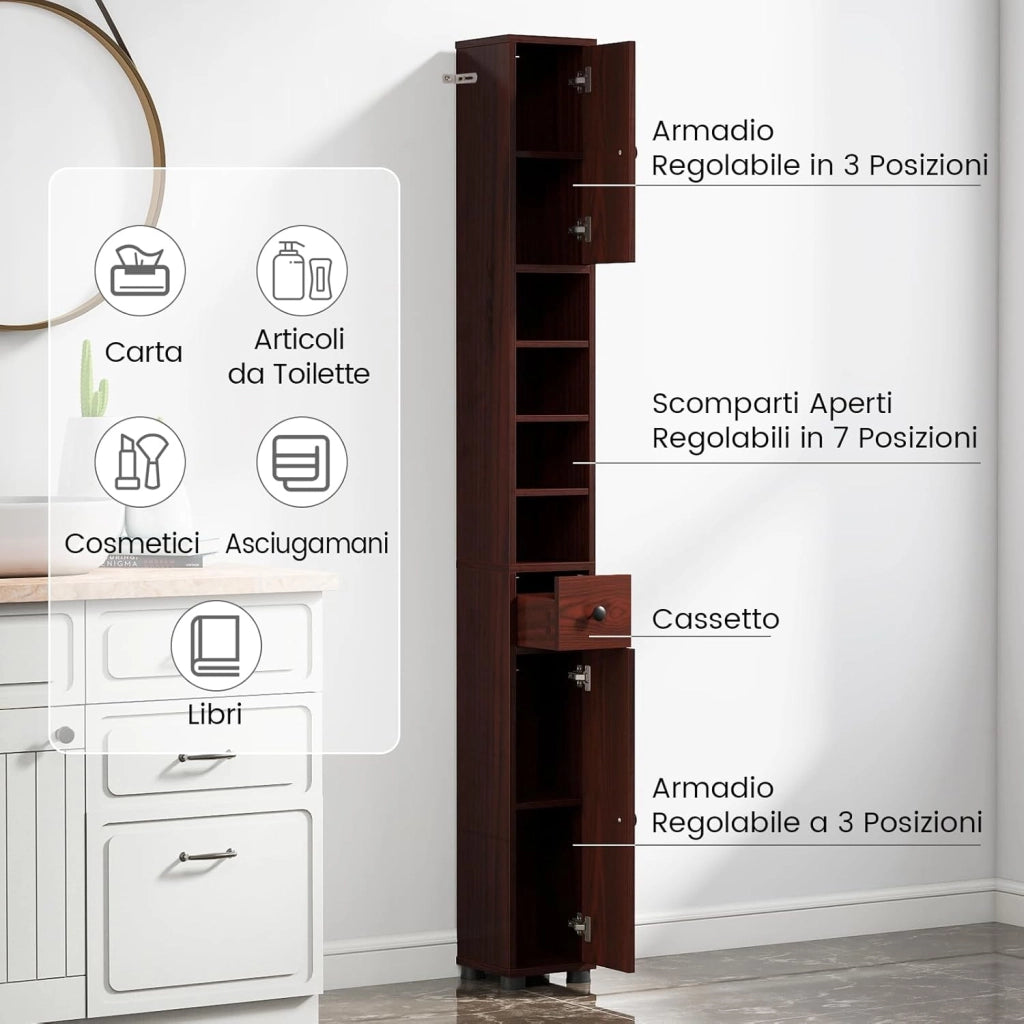 Mobile Bagno Alto Stretto, Mobiletto Colonna Salvaspazio con 1 Cassetto, 5 Ripiani Regolabili e Struttura Antiscivolo, Mobile a Terra per Ingresso, 20 x 20 x 180 cm (4 Ripiani, Marrone)