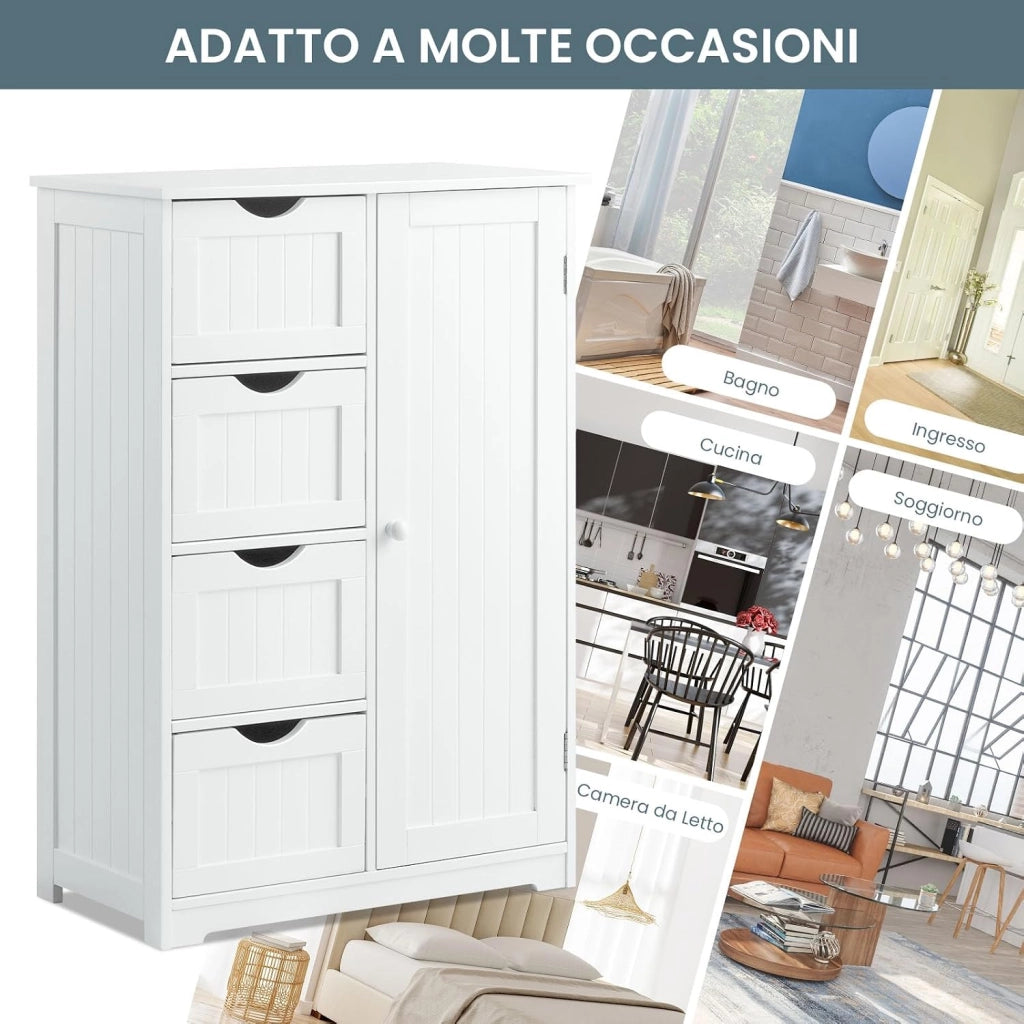 Mobile Bagno 56 x 30,5 x 81 cm, Mobiletto Bagno Salvaspazio con 4 Cassetti e Mensola Regolabile, Armadietto Multiuso per Ingresso, Salone, Camera da Letto e Cucina (Bianco)