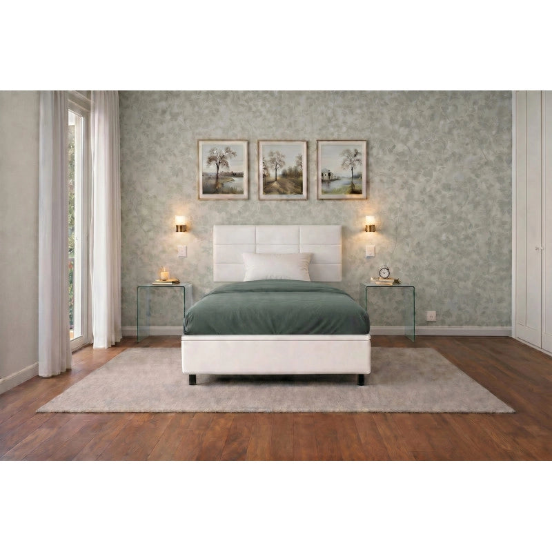 Letto imbottito Singolo 80x200 cm Square - Bianco,Similpelle,Contenitore