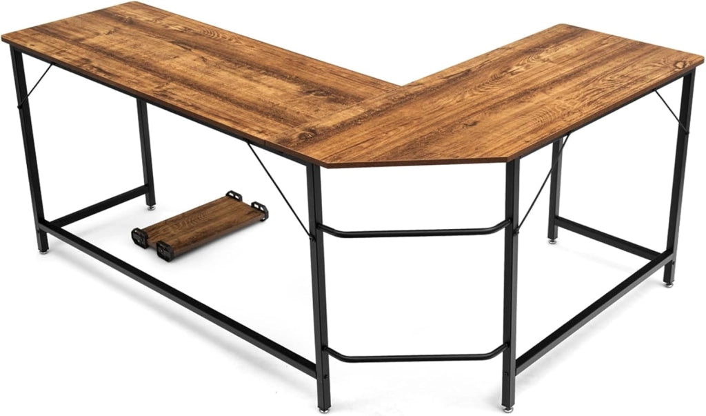 Scrivania Angolare Salvaspazio, Scrivania Porta PC a Forma di L con Porta CPU, Scrivania ad Angolo in Legno e Ferro per Studio e Ufficio, Portata 100 kg, 168 x 125 x 74 cm (Caffè)