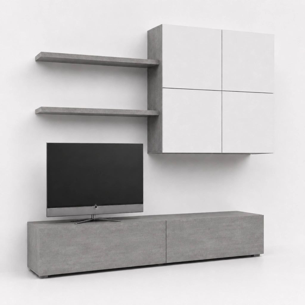 Parete Attrezzata Moderna Per Soggiorno Con Base TV 2 Ante Pensile 4 Ante E 2 Mensole In Melaminico Facile Da Pulire Design Contemporaneo 200 X 194 X 40 Cm Bianco E Grigio Cemento