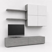 Parete Attrezzata Moderna Per Soggiorno Con Base TV 2 Ante Pensile 4 Ante E 2 Mensole In Melaminico Facile Da Pulire Design Contemporaneo 200 X 194 X 40 Cm Bianco E Grigio Cemento