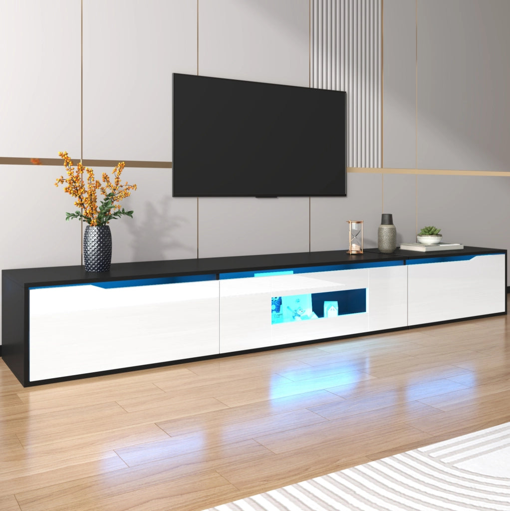 Mobile TV basso 180 cm nero e bianco con LED USB, finitura lucida