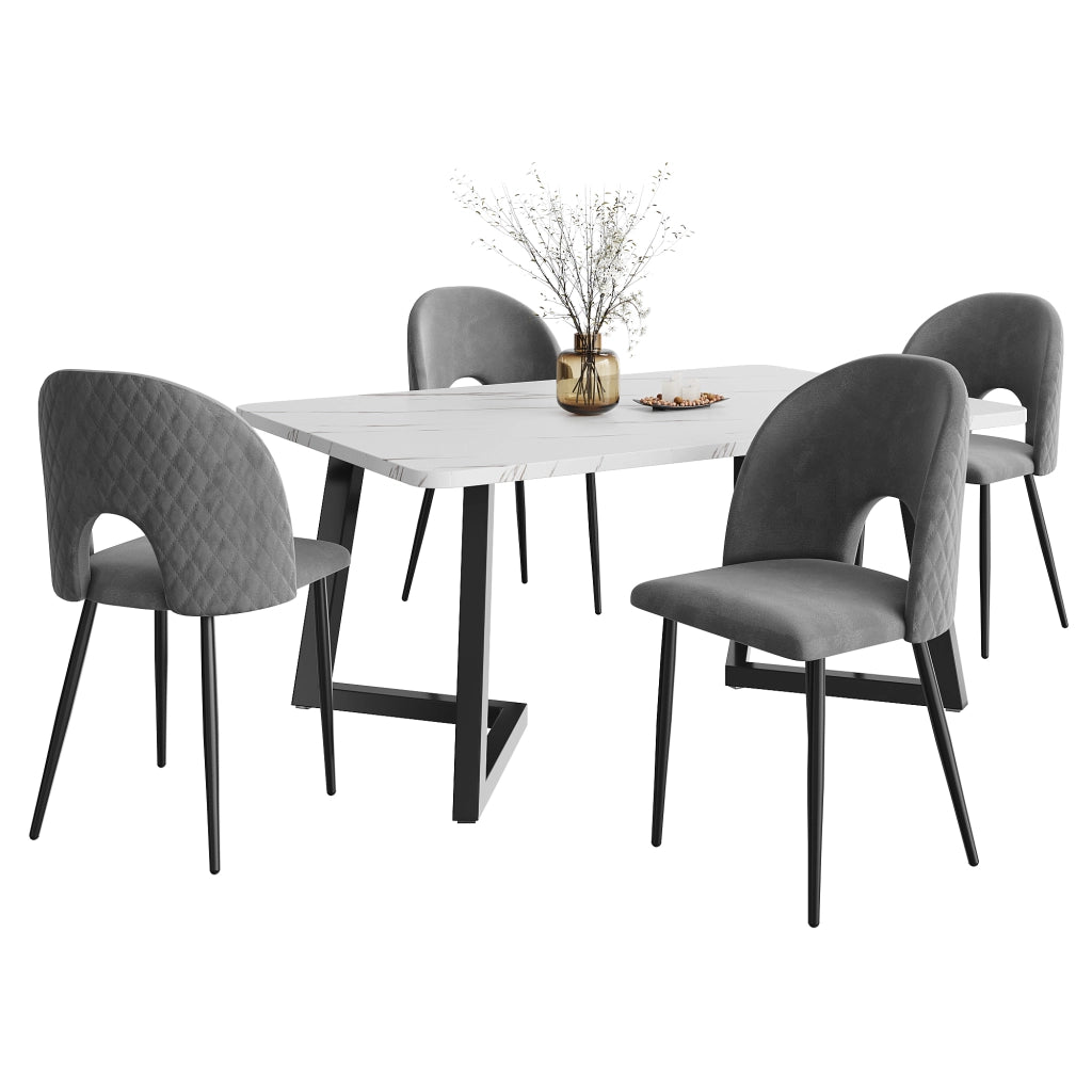 Tavolo da pranzo per 4 persone con 4 sedie in velluto e MDF, gambe regolabili, grigio