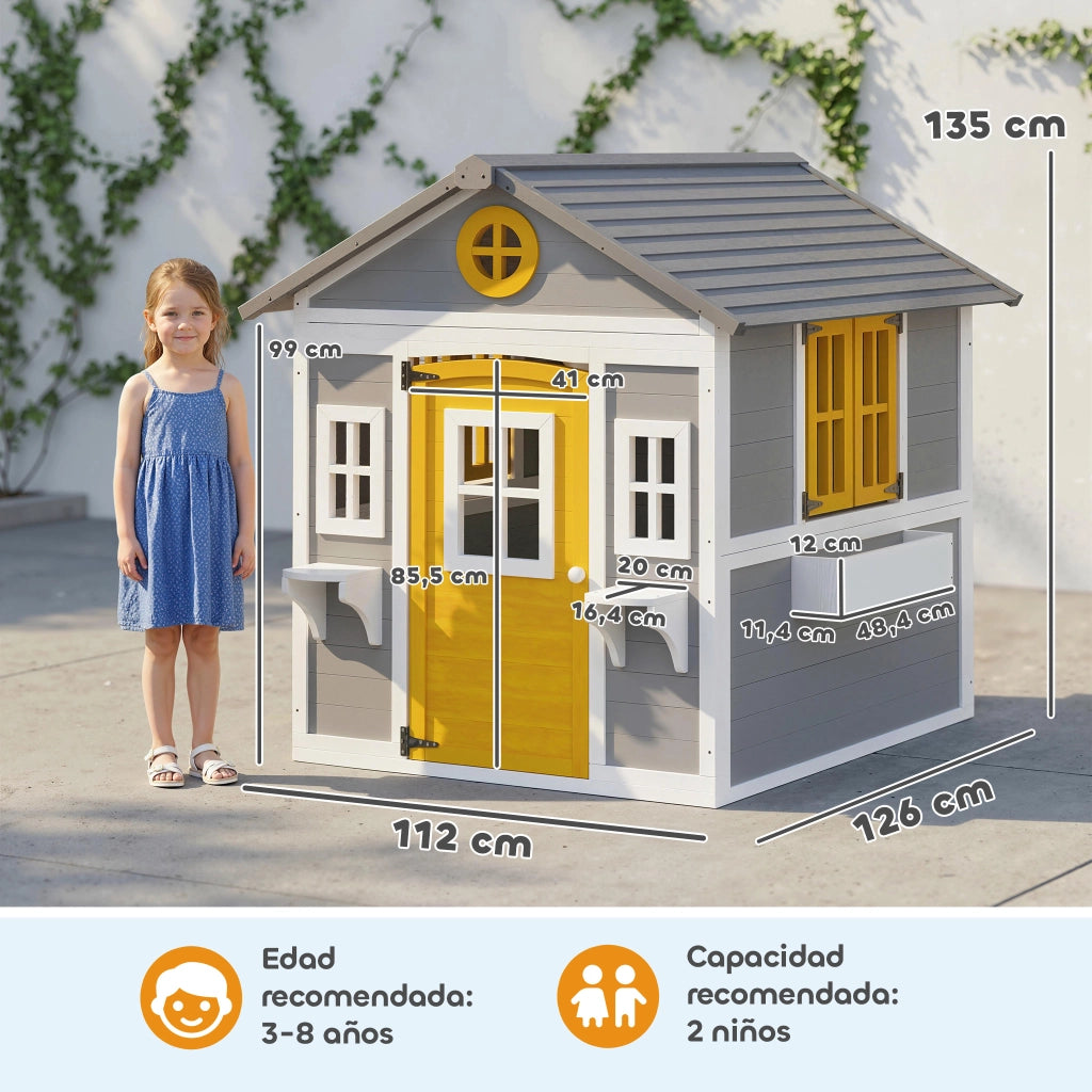 Casetta per Bambini in Legno con Finestra e Fioriere ¨C zephmum ¨C Grigio 120x120x120