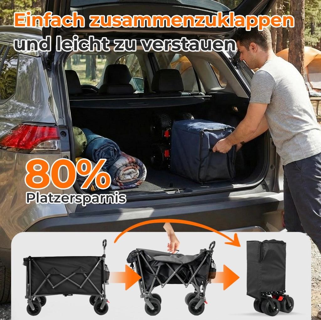 Carrello pieghevole da trasporto con sponda estensibile e ruote per terreni diversi