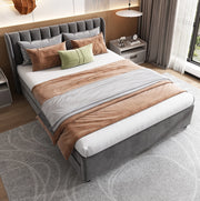 Letto matrimoniale in velluto grigio 140x200 cm con 2 cassetti e rete a doghe