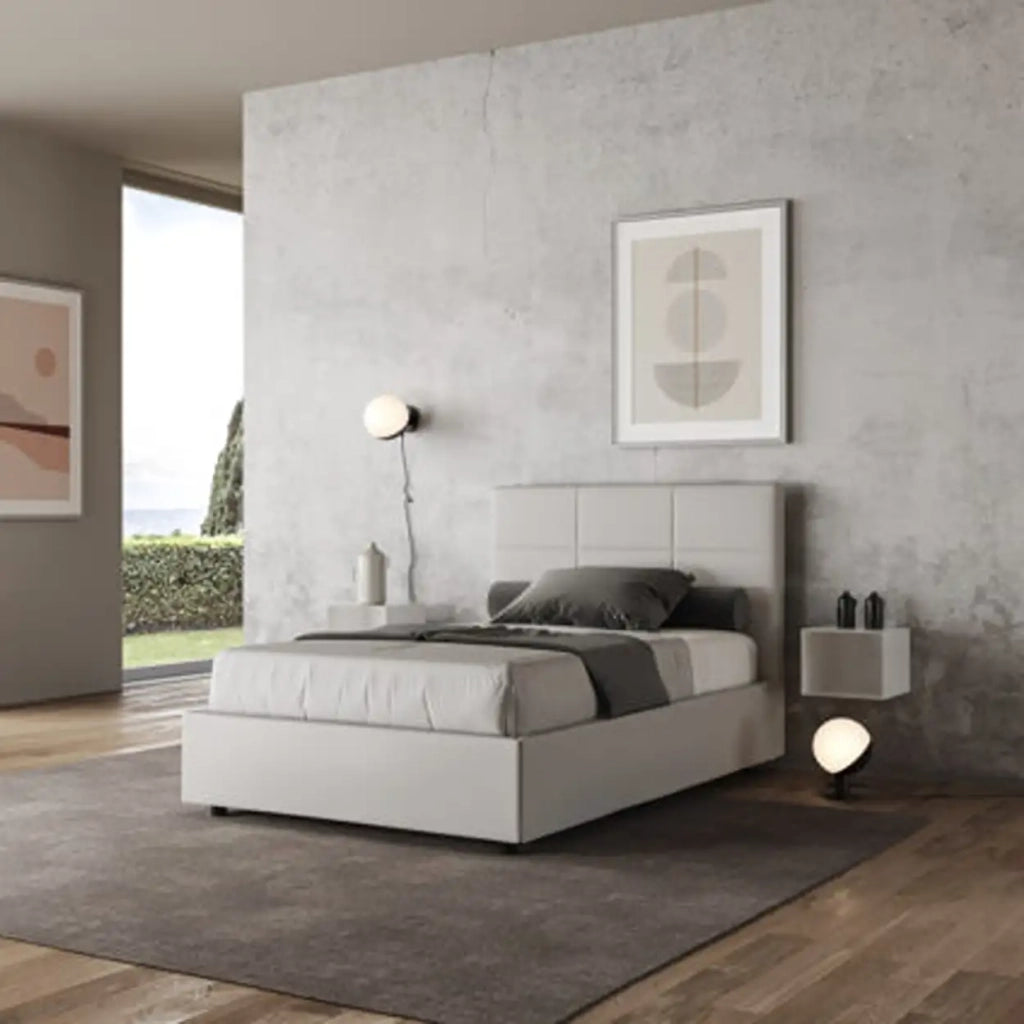 Letto matrimoniale francese con rete imbottito 140x210 similpelle bianco Mika