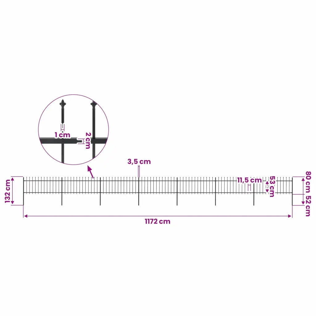 Recinzione da Giardino con Punta a Lancia in Acciaio 1172x80 cm Nero 277608