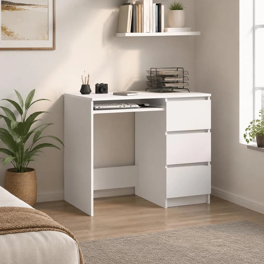 White Engineered Wood Desk With Drawer, 90x45x76 Cm Computer Table, Sturdy Minimalist Design, Space Saving Workstation For Home Office Study Room