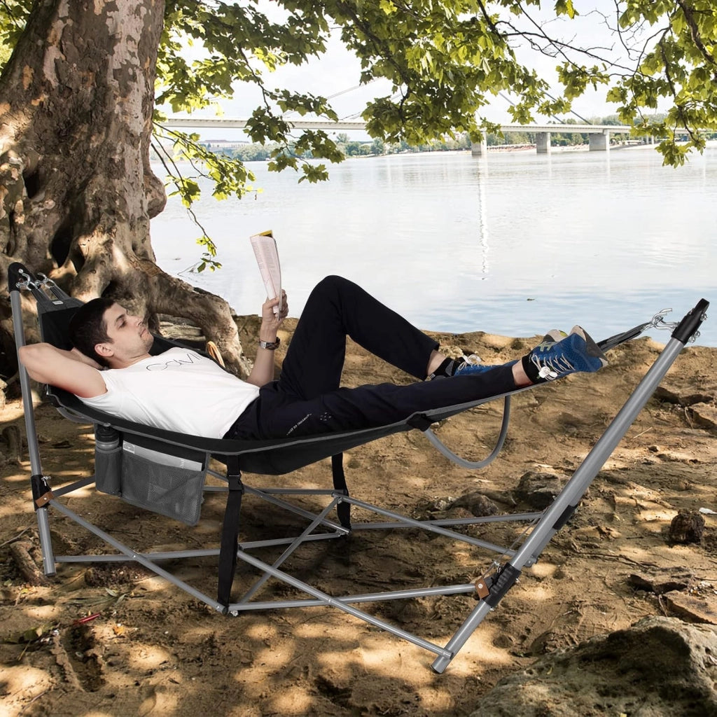 Amaca da giardino con supporto pieghevole in metallo, sedia amaca portatile in tessuto a rete, letto da campeggio con borsa da trasporto, lettino con carico 150 kg, 227 x 82 x 89 cm (Nero)