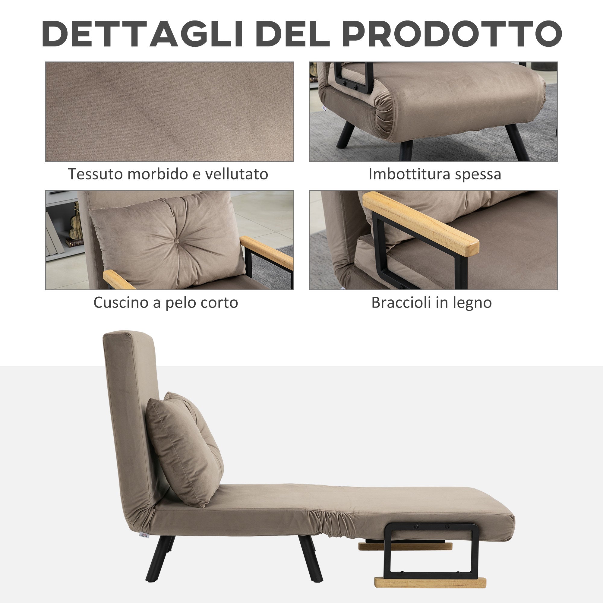 Poltrona Letto Singolo Trasformabile 63x73x81 cm in Tessuto Effetto Velluto Grigio