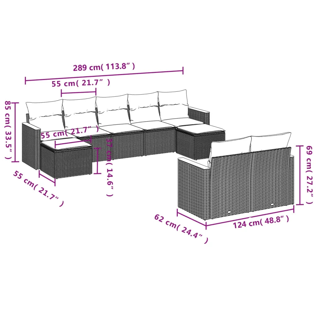 Set Divano da Giardino 9 pz con Cuscini Grigio in Polyrattan 3226403