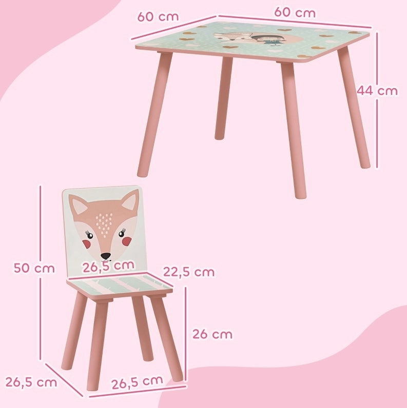 Set tavolo e 2 sedie per bambini 60x60x44 cm in pino rosa, per cameretta