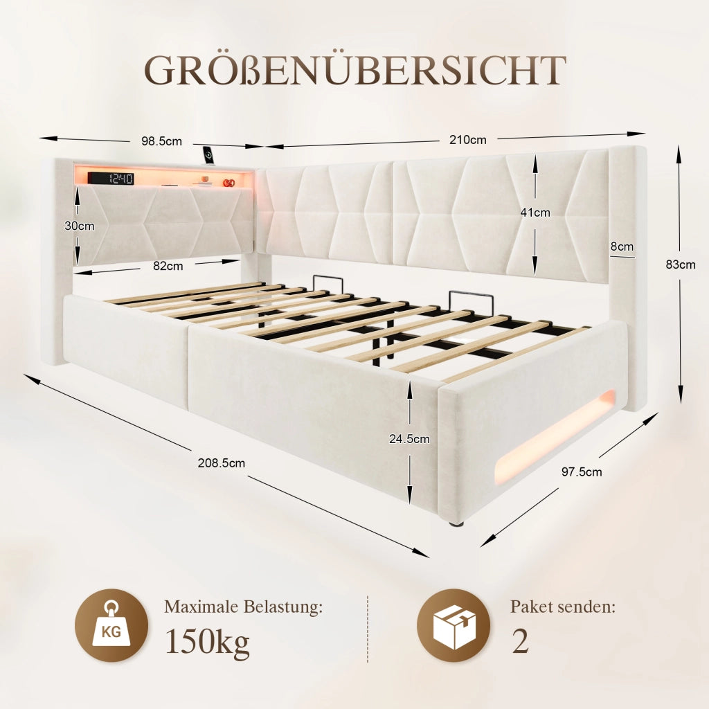 Letto imbottito 90x200 cm con contenitore, LED, USB e Type-C, velluto beige