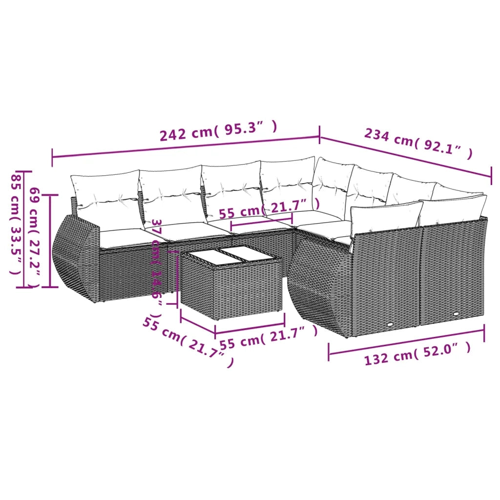 Set Divani da Giardino 9 pz con Cuscini Nero in Polyrattan 3221155