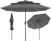 Ombrellone da Patio 297 cm con 32 Luci LED, Tetto Ventilato a 3 Piani, Inclinazioni Regolabili, Manovella, 8 Stecche, Ombrellone da Giardino, Piscina, Spiaggia (Grigio)