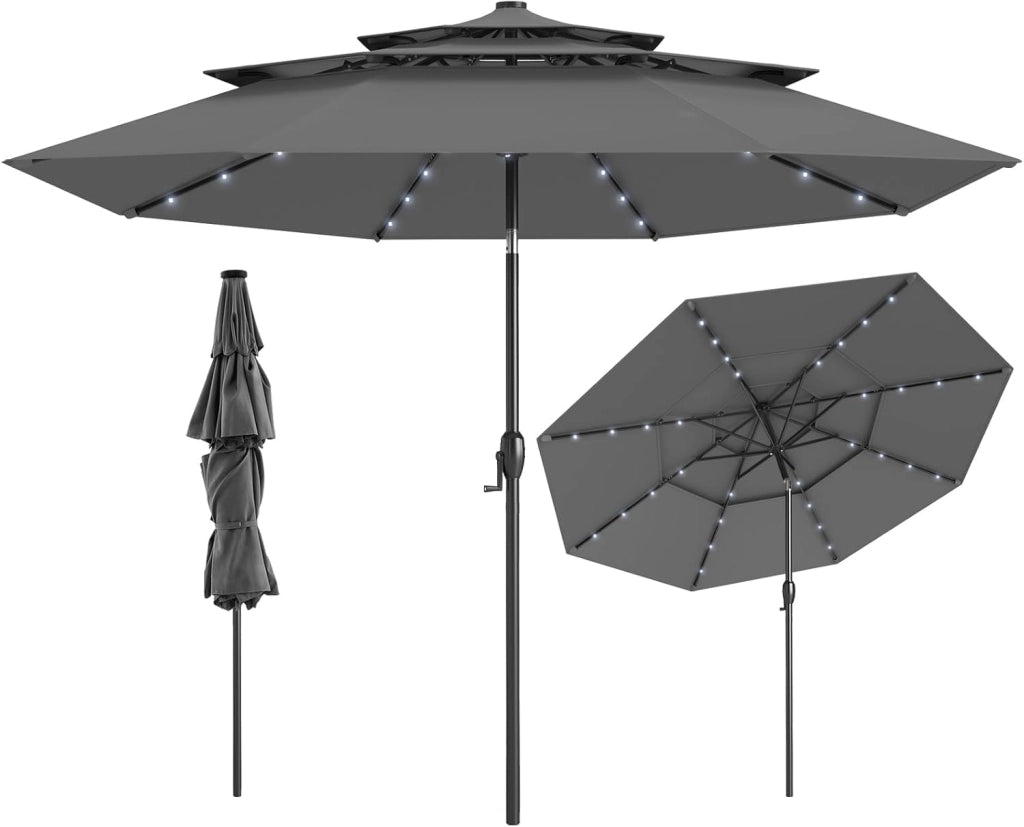 Ombrellone da Patio 297 cm con 32 Luci LED, Tetto Ventilato a 3 Piani, Inclinazioni Regolabili, Manovella, 8 Stecche, Ombrellone da Giardino, Piscina, Spiaggia (Grigio)