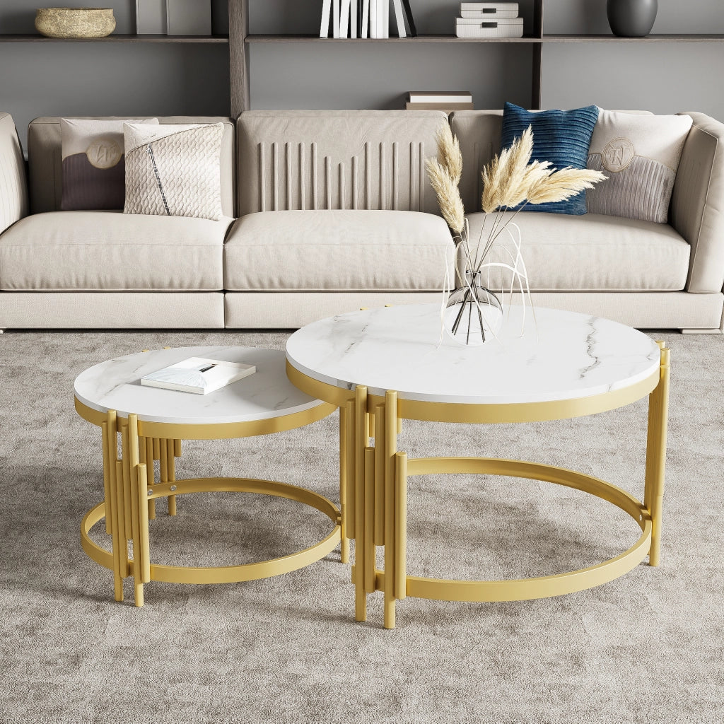 Set di tavolini da caff¨¨ modulari effetto marmo con struttura in metallo color ottone antico, 2 pezzi