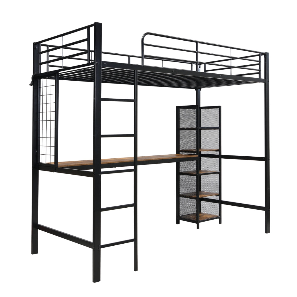 Letto a soppalco 90x200 cm nero e noce scuro, MDF e metallo con scrivania, senza materasso