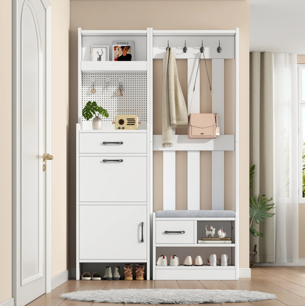 Garderoba da ingresso 7 in 1 110x35x175;5 cm con scarpiera; 2 cassetti e 4 ganci; bianco