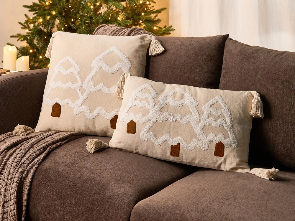 Set di 2 cuscini decorativi in tessuto di cotone bianco beige chiaro con motivo natalizio decorativo 30/45 x 50/45 cm Accessorio per la casa