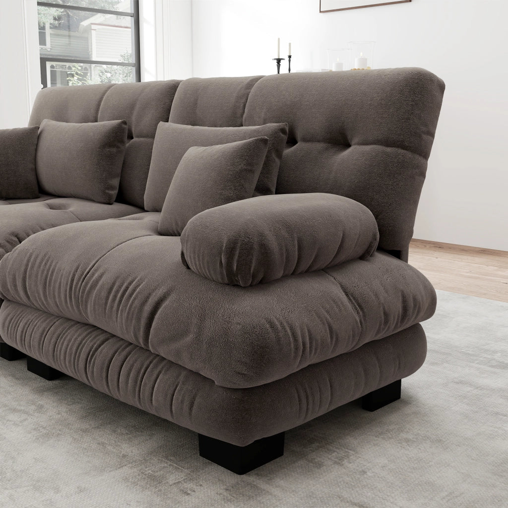 Divano modulare da soggiorno in chenille marrone con ottoman mobili e cuscini lombari